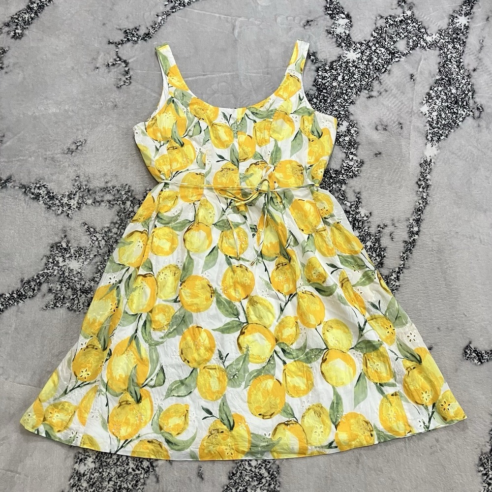 Papagallo Lemon Print Dress‎ Womens Size 16 Eyelet Summer Tie Waist Midi